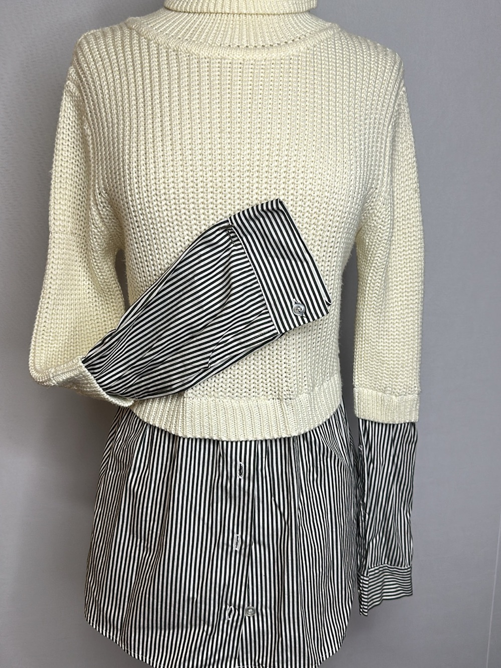 Cream Cowl-Neck Knit Sweater with Striped Shirt Hem